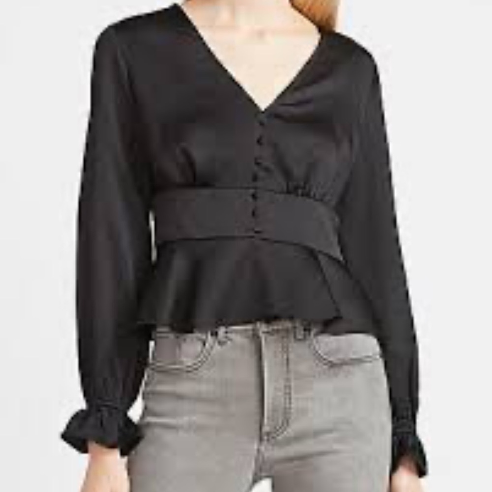 Black Long Sleeve Peplum Satin Top